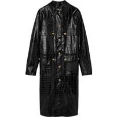 Versace Coats Versace Single-Breasted Coats, female, Black, Crocodile Effect Trench Coat with V-Emblem