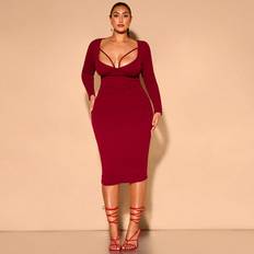 Velvet Clothing Shein Plus Fall Red Velvet Ribbed Pitted Breast Cup Split Spaghetti Straps Decorated LongSleeved Midi Dress Suitable For Halloween And Elegant Party Da