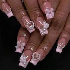 Nagelprodukter Shein Luxurious Elegance French-Inspired Long Square Press-On Nails With 3D Pearl,Flowers, Pearl Heart