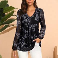 Shein Women's Long Sleeve Tunic Tops Casual Loose Fit Floral Blouses Mesh Pleated Layered Shirt