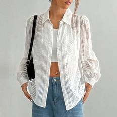 Ribbed Blouses Shein Gestreifte Rüschen Blusenkragen Bluse für Frauen