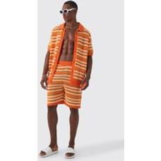 Orange Anzüge Relaxed Mid Length Open Stitch Shirt and Short Set - Orange