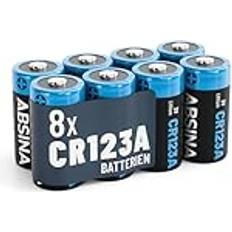 Absina 8X CR123A 3V litiumbatteri för kameror och mycket mer CR123A läckagesäkert och långvarigt batteri CR123A-batterier med 1 300 mAh CR123-batterier, CR123A 3V, 123-batterier