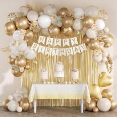 Birthdays Text & Theme Balloons White and golden birthday party decorations with happy birthday banner fringe. 0.88 Pounds