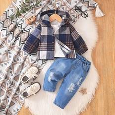 6-9M Other Sets Shein Baby Boy pcs Outfit Set Hooded Long Sleeve Plaid Shirt And Distressed Long Pants