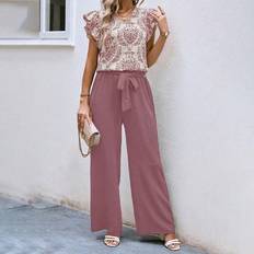 Wide Blouses Shein pcs Women Floral Print VNeck Cap Sleeve Blouse And Wide Leg Pants Casual Vacation Set