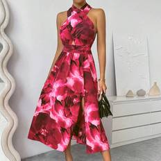 Long Dresses - Tie Dye Shein Womens Floral Print Backless Halter High Slit Sleeveless Dress