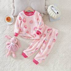 Pink Pyjamases Shein Girls Flannel Pajamas Set Strawberry Fleece Print Long Sleeve Top And Pants Cozy And Warm Winter Young Girl Sleepwear