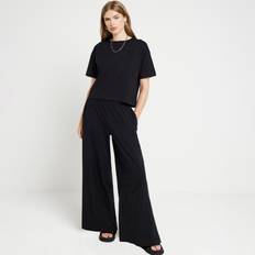 Black - Women Pyjamas River Island Womens Black T-Shirt Wide Leg Joggers Set