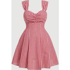 Dresses Shein Plus Red White Plaid Backless Bow Tie Picnic Holiday Ruched Dress