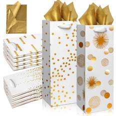 Carnation Wine Bags, 12Pack Wine Gift Bag with Tissue, Gold Foil Wine Gift Bags for Wine Bottles Gifts, for Birthday, Baby Shower, Wedding, Christmas, Engagement, Thanksgiving, 14Inch, Gold