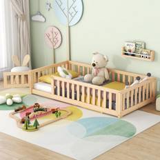 Beige Children's Beds Twin Montessori Floor Bed Frame with Safety Fence & Convertible Door, Toddler Playhouse Floor