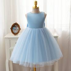 Party dresses - Sleeveless Shein Girls Blue Sleeveless Pearls Bow Tie Mesh Party Dress Suitable For Summer WeddingBirthday EventsPerformances
