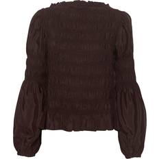 Cream Blouses Cream Long Sleeve Smock Blouse Plain - Brown