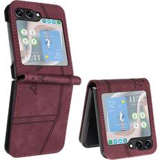 Mobile Phone Accessories GANGXUN Red Phone Case for Samsung Galaxy Z Flip 6 Magnetic Closure Flip Folio Wallet Pu Leather Card Slots Cover Hand Strap