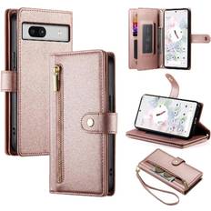 Mobile Phone Accessories GANGXUN Pink Flip Case for Google Pixel 7a Wallet Compartment Multifunctional Card Slots Wrist Strap Kickstand