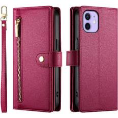 Mobile Phone Accessories GANGXUN Red Flip Case for iphone 12 Pro Wallet Compartment Wrist Strap Multifunctional Card Slots Kickstand