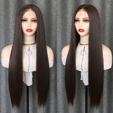 Hair Products Shein x Black Brown Natural Straight Synthetic Hair Lace Front Wig PrePlucked Hairline No Glue Heat Fiber Soft