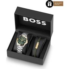 BOSS Strike Mesh & Green Leather Bracelet Gift Set