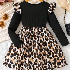 Leopard Children's Clothing Shein Young Girls Street Style Leopard Print Long Sleeve Ruffle Trim Knit Dress