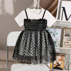 Polka Dots Dresses Shein Baby Girls Elegant Polka Dot Mesh Splicing Casual Dress Perfect For Outings Soft Fabric Moms Choice