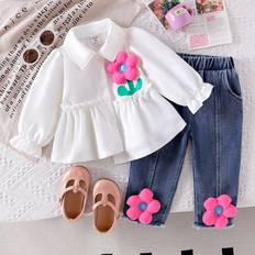 18-24M Other Sets Shein Baby Girls pcs Set Asymmetrical Pink Blouse Denim Pants Fall Clothes