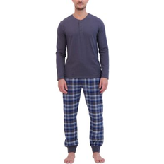 Underwear Hanes Men's Ultimate 2-Pc. Solid Long-Sleeve & Ultra-Soft Plaid Joggers Pajama Set Indigo