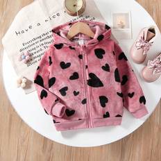 Orange Jackets Shein Young Girls Cute Coral Fleece Heart Print Hooded Zipper Coat