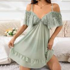 Gröna Nattlinnen Shein Women's Contrast Lace Open Shoulder Elegant Nightgown With Ruffle Trim