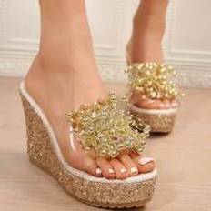 Polyuretan Sandaletter Shein 10cm Wedge Heel Water Resistant Thick Bottom Women's Shoes For Summer Outdoor Activities With Transparent Peep Toe Design And Golden Beads Decoration