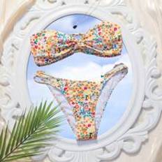 Shein Multifärgade Badkläder Shein Summer Beach Women's Vacation Floral Print Twist Front Bandeau Bikini Set