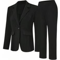 Black Suits Shein Solid Color Turn Down Collar Single Breasted Suit Jacket And Pants Set