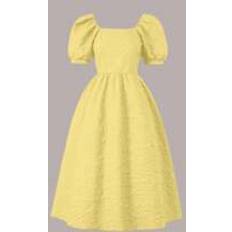 Yellow Dresses Shein Teen Girls' Summer Jacquard Square Neckline Bubble Sleeve Waist Cinched Dress