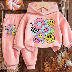 Leopard Other Sets Children's Clothing Shein Baby Girls Stylish Smiling Face Leopard Print Heart Graphic pcs Sweatshirt And Pants Set Soft Knit Casual Loose Fit Suitable For FallWinter