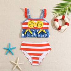 Blue Bikinis Children's Clothing Shein Young Girls' Summer Beach Bikini Set With Cartoon Expression And Stripe Print, Ruffled Hem And Bottom, Two-Piece