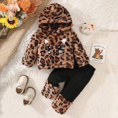 Leopard Other Sets Children's Clothing Shein Baby Girls Mischievous Cat Embroidery Thick Leopard Print Hooded Sweatshirt Set For FallWinter Casual Cute Outfit