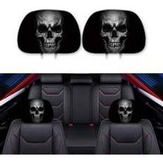 1pc Car Headrest Neck Pillow Cover With Grey Skull Pattern On
