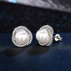 Shein Pair Fashion Faux Pearl Earrings For Women White Gold Color Flower Earings Crystal Jewelry For Party Brincos