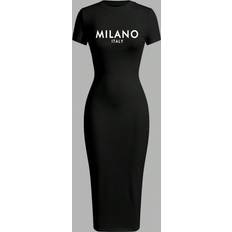 Shein Dresses Shein Casual Minimalist Milano Text Graphic Short Sleeve Fitted Midi Dress Summer