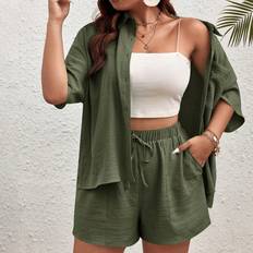 Green - Women Suits Shein Plus Solid Color Button Front Collared Short Sleeve Top And Drawstring Pocket Shorts pc Set