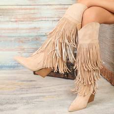 Women - Yellow Boots Shein Womens Fashion Yellow KneeHigh Geometric Fringe Decor Side Zipper Faux Suede Chunky Heel Resort Boots Wooden Texture High Heel Pointed Toe Comfortable