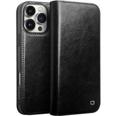 Qialino iPhone 16 Pro Classic Läder Plånboksfodral Svart