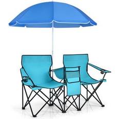 Costway Portable Folding Picnic Double Chair With Umbrella-Turquoise