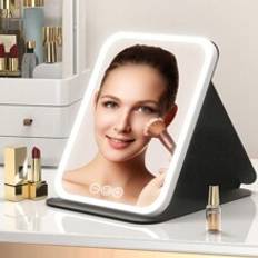 Vita Sminkspeglar Shein LED Makeup Mirror Portable Travel Lighted Beauty Mirror, 3 Color Lighting, Dimmable Touch Rechargeable Tabletop LED Folding Cosmetic Vanity Mi