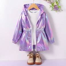 Purple Jackets Children's Clothing Shein Girls Laser Purple Trench Coat Jacket Versatile Fashionable Personalized Cool Special Waist Cinched Mid Length Zipper Hoodie Suitable As Gift For Da