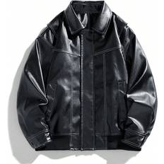 Leather Imitation - Men Outerwear Shein MenS Autumn Turndown Collar Contrast Stitching PU Leather Jacket