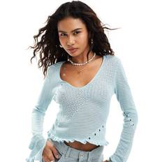 Monki Rib V Neck Knit Long Sleeve Top - Blue