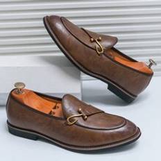 Shein Luxury Vintage Style Men Loafers Slip-On Leather Shoes With Buckle, Breathable Solid Color Upper, Anti-Skid & Wear-Resistant Sole, Suitable For Daily