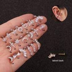 Shein 1pc Titanium Stainless Steel Bar With Screw Ball Ear Bone Stud Earring, Gift For Piercing With Floral Design, Moon, Star, Heart, Cross And Crown Shap