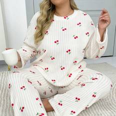 Red - Women Sleepwear Shein Plus Womens Plush Cherry Print Sleepwear Set AutumnWinter